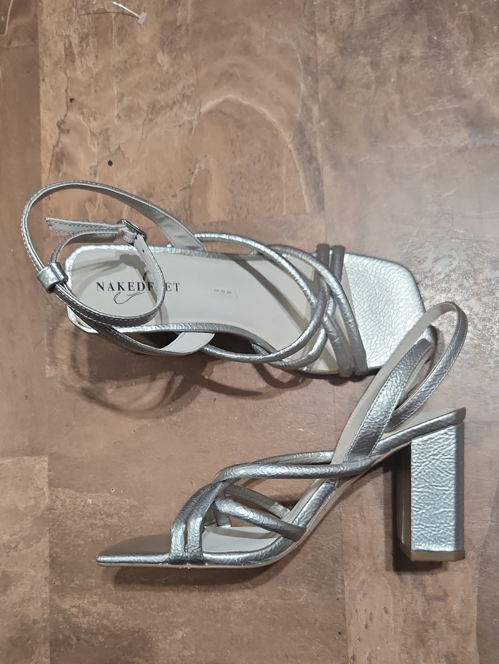 Naked Feet Metallic Silver Strappy Block Heel Sandals